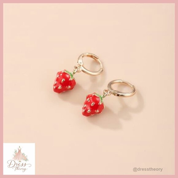 Small Strawberry Hoop Earrings Hypoallergenic Copper Dangle Jewelry Gift - Picture 5 of 8